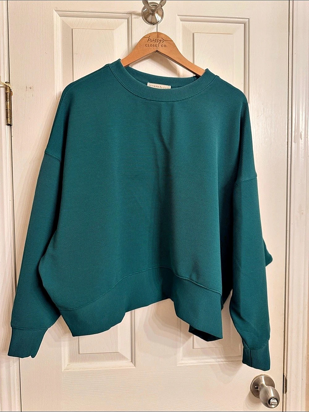 ZENANA Corded Rib Long Sleeve Round Neck Top Blue Medium
